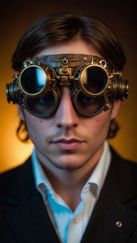 Dans l'atelier sombrement éclairé, un groupe d'inventeurs et d'explorateurs intrépides se rassemblait autour d'un étrange appareil steampunk d'une complexité étourdissante. Chaque figurine portait une paire de lunettes steampunk unique, leurs yeux obscurcis par des verres qui Goggles On Head Reference, Goggles On Head, Head Reference, Futuristic Fashion, Goggles, Kiss, Road, Molde