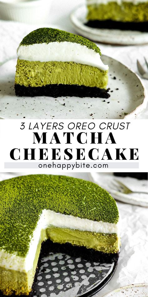 Cheesecake Oreo Crust, Tea Cheesecake, Green Tea Cheesecake, Oreo Crust Cheesecake, Matcha Green Tea Recipes, Matcha Cheesecake, Cheesecake Oreo, Matcha Dessert, Matcha Cake