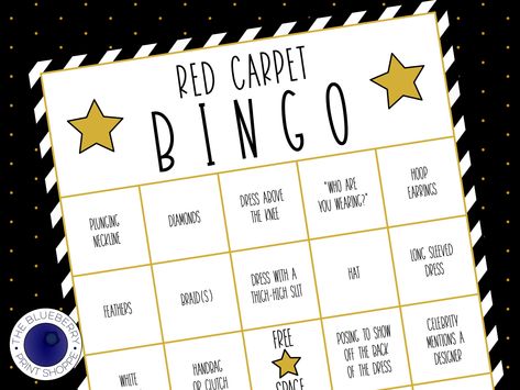 ★ RED CARPET BINGO ★ Whether you're throwing a party or just watching an award show at home with a friend, this Red Carpet Bingo will get the night off to a fun start! This Red Carpet Bingo can be used for any award show! - This listing includes the 10 cards from our 10 card Red Carpet Bingo (https://www.etsy.com/listing/670209134) plus 8 additional cards. If you need a larger number, just let us know -- we'll create a custom listing for you! - If you are looking for a smaller number of cards, p Red Carpet Theme Party Games, Red Carpet Party Games, Red Carpet Theme Party Decoration, Red Carpet Party Ideas Decoration, Hollywood Party Games, Red Carpet Party Favors, Red Carpet Event Decorations, Award Show Party, Hollywood Games