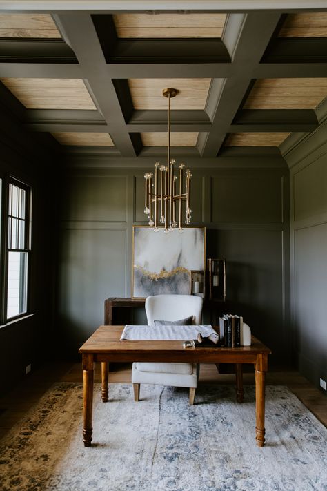 Green Office Guest Room, Moody Office With Fireplace, Moody Office Wainscoting, Basement Study, Moody Conference Room, Olive Green Home Office, Moody Green Study, Moody Piano Room, English Study Room