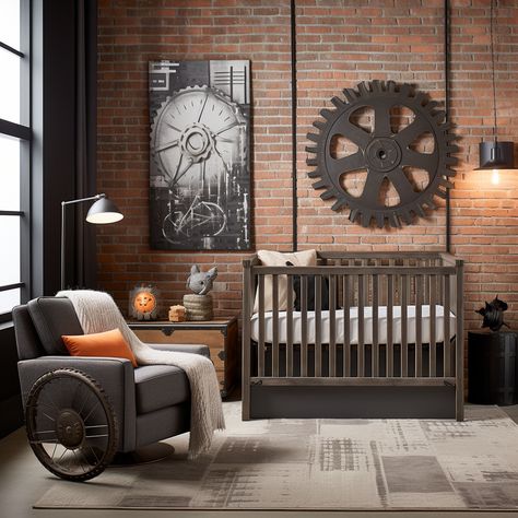 Chic Nursery, Industrial Bedroom, Themed Nursery, Reclaimed Wood Furniture, Industrial Revolution, Metal Accents, Baby Boy Rooms, Exposed Brick, Dark Color