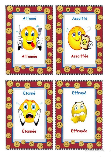 CARTES DES SENTIMENTS - Français Fle Fiches Pedagogiques Poppy Coloring Page, Inside Out Emotions, Summer Worksheets, French Worksheets, French Teaching Resources, French Education, French Expressions, Emoji Images, Alphabet Preschool