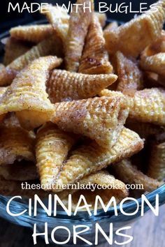 Sep 15, 2020 - These Cinnamon Bugles are so easy! They are only 4 ingredients and take 5 minutes to make. The cinnamon and sugar add so much to the saltiness of the chip. Cinnamon Horns, Cinnamon Appetizers, Cinnamon Bugles, The Southern Lady Cooks, Southern Lady Cooks, Chex Mix Recipes, Snack Mix Recipes, Southern Lady, Beer Cheese