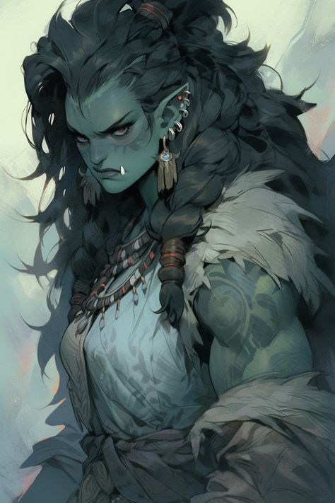 Skyrim Orc Female, Muscular Orc Woman, Dnd Orc Female, Female Orc Character Design, Orc Woman Art, Half Orc Barbarian Female Dnd, Female Barbarian Dnd, Orc Female Art, Female Orc Barbarian