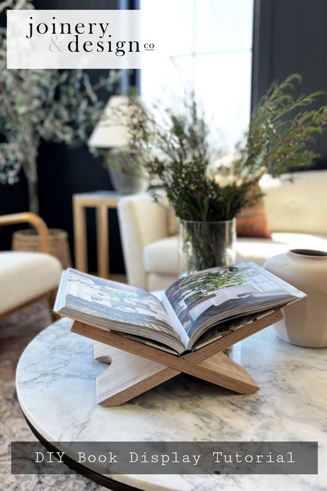 White oak book display Countertop Book Display, Open Book Display Stand Diy, Coffee Table Book Holder, Bible Stand Wooden Diy, Wooden Book Stand Diy, Table Top Book Display, Diy Table Top Display Stand, Coffee Table Book Stand, Open Book Stand