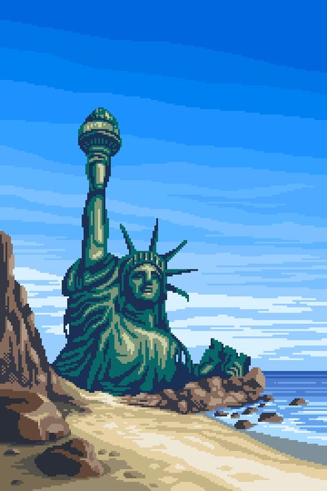 Planet Of The Apes / Statue Of Liberty Scene Shown at 300 percent. Pixel Art Gif, Pixel Art Landscape, Piskel Art, 8 Bit Art, Pixel Art Background, Vaporwave Art, Pixel Animation, Arte 8 Bits, 8bit Art