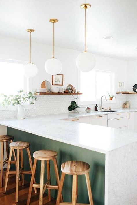 7 Polished Kitchen Peninsula Ideas to Consider Over a Standard IslandFacebookTwitterEmailPinterestAddThis Kitchen Peninsula, Marble Counter, Scandinavian Kitchen, Trendy Kitchen, Kitchen Fixtures, Counter Tops, Green Kitchen, Denver Co, Kitchen Colors