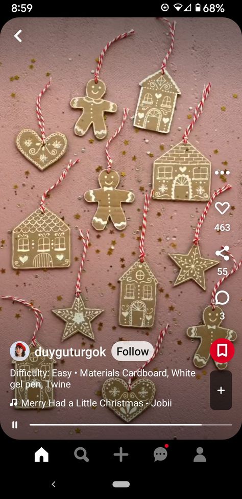 Gingerbread Men Aesthetic, Gingerbread Man Cardboard, Cardboard Gingerbread Man, Cardboard Gingerbread, Cardboard Gingerbread House, Men Aesthetic, Gingerbread Decorations, White Gel Pen, Gingerbread Men