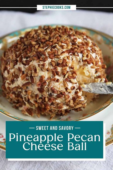 Pineapple pecan cheese ball combines cream cheese, crushed pineapple, peppers, scallions, and pecans. This pineapple cheese ball is the perfect sweet-salty addition to any party or gathering! Cheese All With Pineapple, Pineapple Cheese Ball Recipes Best, Pecan Cheese Ball Recipes, Pineapple Pecan Cheese Ball, Cheese Ball Recipes With Pineapple, Cheeseball Recipes With Pineapple, Pineapple Cheeseball Easy, Hawaiian Cheese Ball, Pineapple Cheese Ball With Pecans