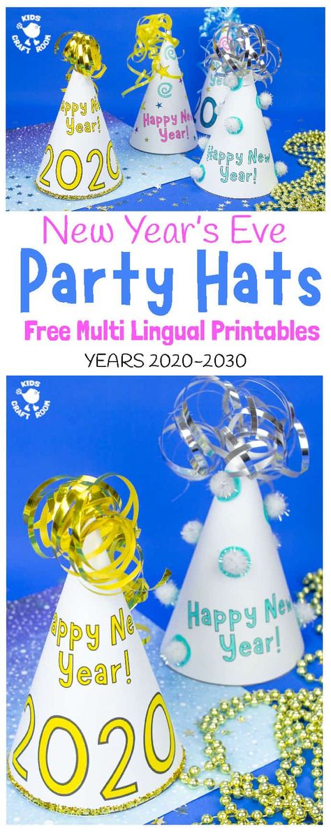 Celebrate the new year with this fun Printable New Year's Eve Party Hat Craft (Multilingual). These printable paper cone hats are available in 4 different designs and 6 languages. A simple New Year's Eve craft for kids! #kidscraftroom #kidscrafts #newyear #newyearseve #newyearcrafts #newyearsevecrafts #partyhats #paperhats #conehats #printablecrafts #freeprintables #party Party Hat Craft, News Years Crafts For Kids, Party Hat Template, New Year's Eve Crafts, Prek Activities, Cone Hats, New Years Hat, Friendship Group, Kids Craft Room