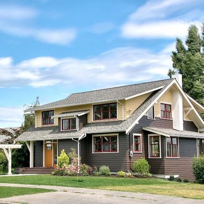 two tones, yellow and grey with red accents Beige Siding House, Beige Siding House Color Schemes, Beige Siding, Craftsman House Exterior, Split Entry Remodel, Siding House, Yellow House Exterior, Craftsman Exterior, Brown House