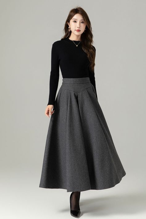 "Fluidity and elegance from this chic winter skirt. Team the wool skirt with a chunky sweater, winter boots and an over sized handbag and you're good to go, no matter what the weather throws at you!  You'll really be able to turn on the charm with this versatile long pleated skirt. The gray color means that you'll match it with literally everything you own. This A line skirt will soon become a staple in your winter wardrobe collection.  DETAIL * 30% wool, 30% fiber, 40% polyester * polyester lining * Two side Seam pockets * Back zipper closure, Back elastic make it more comfortable when wear * Ankle length effect * A Line maxi skirt * Dry clean *  Lean More about the items From the FAQs on the page bottom MODEL SIZE Bust 85 cm(33.4\")  Waist 67 cm(26.7\")  Height 168cm (5' 6\") She wears s Gray Maxi Skirt Outfit For Fall, Long Skirt Reference, Pleated Skirt Work Outfit, Long Skirts Winter, Blouse And Skirt Outfit, Black Skirt Outfit Winter, Tartan Skirt Outfit, Gray Skirt Outfit, Maxi Pleated Skirt