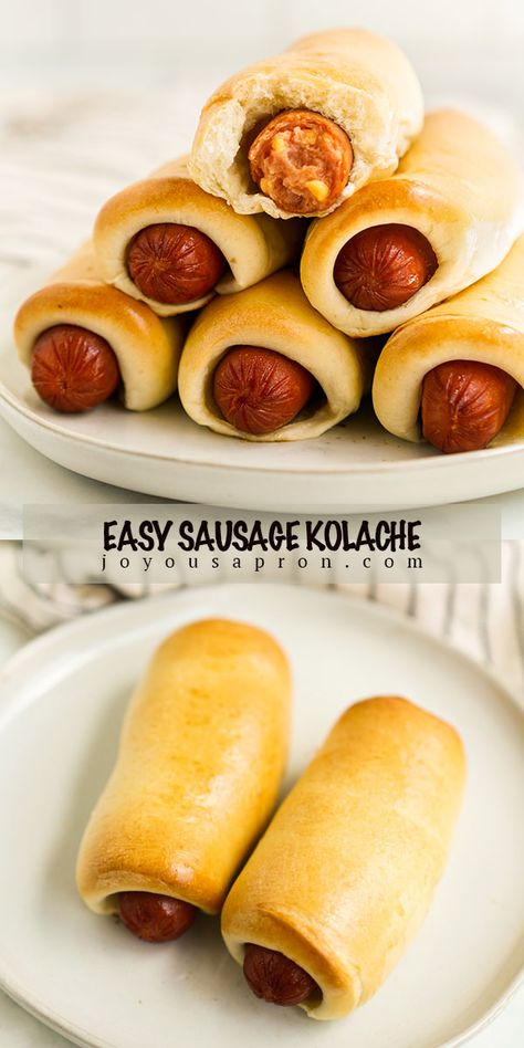 Easy Sausage Kolache - a popular breakfast and snack item in Texas! Yeast bread rolls wrapped around cheesy sausage. This is a super easy and quick way to make kolaches! No kneading required! #ad #breakfast #texas #kolache #bread #sausage #snack #recipe #joyousapron @rhodesbread Sausage Kolache, Sausage Kolache Recipe, Texas Breakfast, Rhodes Rolls Recipes, Joyous Apron, Pastry Breakfast, Making Sausage, Kolache Recipe, No Yeast Dinner Rolls