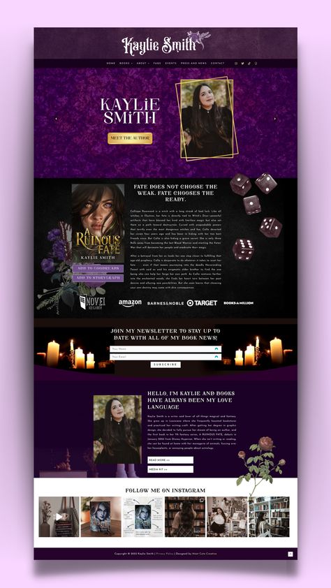 A screenshot of a homepage for author Kaylie Smith's website. Fantasy Website Design Inspiration, Book Website Design Inspiration, Fantasy Website Design, Author Website Design Inspiration, Website Portfolio Design Inspiration, Creative Portfolio Website Design, Book Website Design, Portfolio Site Design, Tarot Website