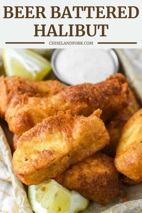 This beer battered halibut is made with basic ingredients that creates a crunchy coating around the sweet and buttery fish. #beerbatteredhalibut #beerbatteredfish #friedfish | chiselandfork.com Beer Battered Halibut Recipes, Beer Batter Halibut, Beer Battered Halibut, Fried Halibut, Beer Batter Recipe, Beer Battered Fish Recipes, Mac And Cheese Recipe Soul Food, Fish Batter, Beer Battered Cod