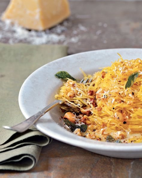 Spaghetti Squash with Sage Brown Butter, Lemon, Hazelnuts, and Parmesan - Workman Publishing Fall Squash Recipes, Roasted Squash Salad, Black Trumpet Mushrooms, Sage Brown Butter, Roasted Kabocha Squash, Lemon Spaghetti, Curried Butternut Squash Soup, Brown Butter Sauce, Baked Squash