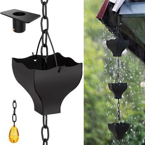 PRICES MAY VARY. 【Beautiful Your House】The black cups rain chains is a beautiful and unique way to decorate your house, garden, patio, courtyard, villa, etc. The rain catcher chain is designed to catch rainwater that flows into a basin below, creating a soothing sound and providing a calming effect. 【Easy Installation】No tools needed. A rain chain gutter adapter in the set easily connects the gutter with the rain chain for a minimal splash. The flexible system easy to adjust the rain chain insta Rain Chain Installation, Courtyard Villa, Rain Catcher, Patio Courtyard, Rain Chains, Black Rain, Galvanized Iron, Rain Chain, Rain Gutters