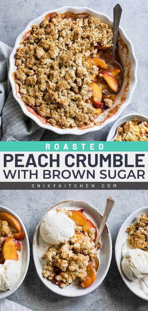 This fresh fruit recipe is a must-try! It's a gluten-free peach crisp. Finished with a gluten-free crumble topping, this brown sugar peach crumble is a crowd-pleasing summer dessert idea. Don't forget the vanilla ice cream! Gluten Free Peach Crisp With Oats, Vegan Peach Crumble, Gf Peach Crisp, Almond Flour Crumble Topping, Dairy Free Peach Crisp, Sugar Free Peach Crisp, Gluten Free Peach Dessert, Gluten Free Peach Crumble, Gluten Free Crisp