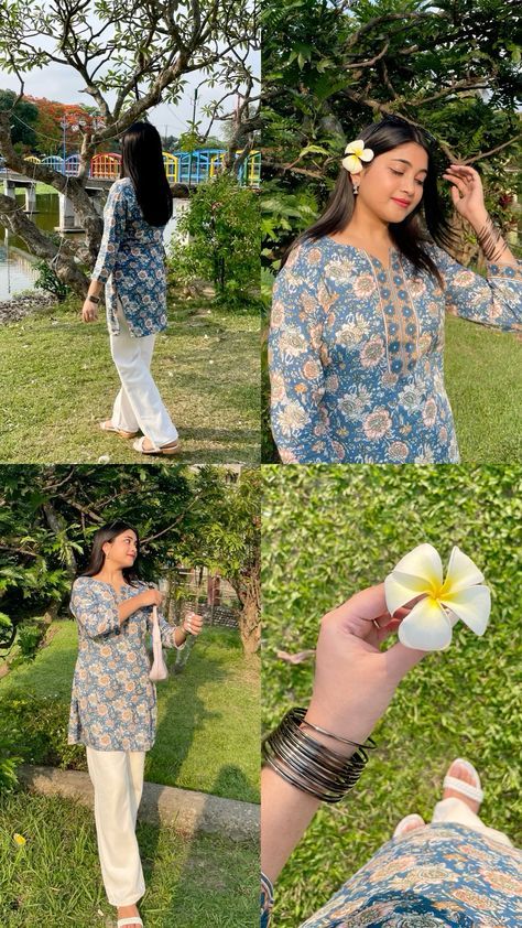 How To Pose In Kurti, Traditional Casual Outfits, Poses For Pictures Traditional, Short Kurti Layout Ideas, Indian Kurti Outfit Ideas, Short Kurti Photo Poses Aesthetic, Flower Selfie Ideas, Story Making Ideas For Instagram, Poses For Pictures Instagram In Kurti