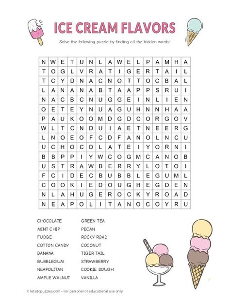 Printable Ice Cream Flavors Word Search Ice Cream Word Search, Free Word Search Puzzles Printables, Ice Cream Worksheet, Food Word Search, Universal Yums, Holiday Word Search, Sundae Party, Printable Ice Cream, Memory Care Activities