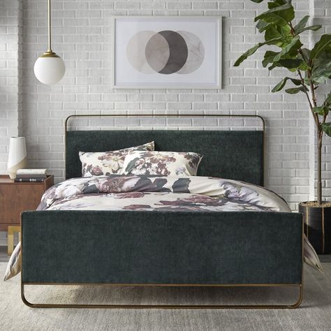 Upholstered Queen Bed Frame, Green Headboard, Bedroom Mood Board, Queen Upholstered Bed, Queen Platform Bed, Green Bedding, Queen Bed Frame, Green Bedroom, Primary Bedroom