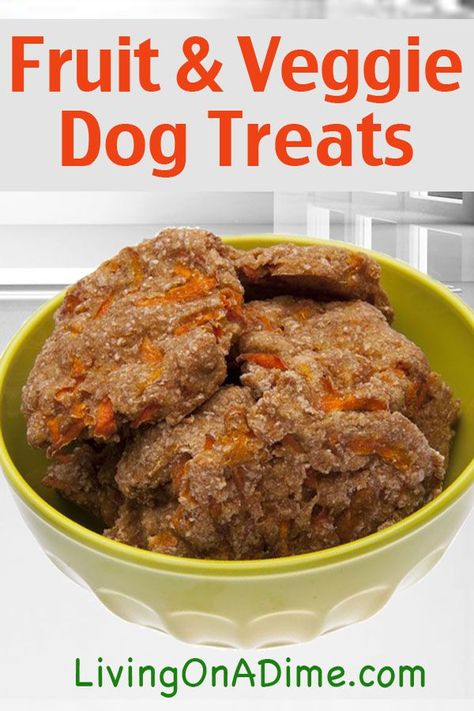 Fruit and Veggie Dog Treats 1 sweet potato, cooked 1 banana  1 cup carrots, minced 1/2 cup applesauce 2 cups white or whole wheat flour 1 cup rolled oats 1/3 cup water  Mash the sweet potato and banana together well. Add the rest of the ingredients. Roll out on a floured board 1/8 inch thick. With a pizza cutter, cut into strips and place on greased cookie sheet. Bake at 350 degrees for 25 minutes. Store in a refrigerator for up to 2 weeks. Vegetable Dog Treats, Veggie Dog, Dog Treats Recipe, Dog Biscuit Recipes, Fruit And Veggie, Veggie Dogs, Food Dog, Diy Dog Treats, Cat Treat Recipes