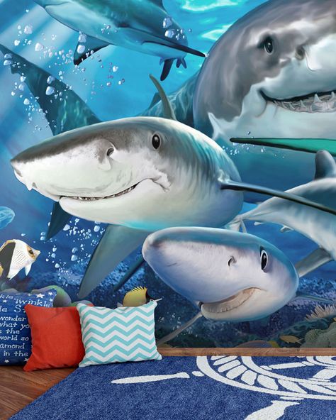 This cheeky shark wallpaper is the perfect addition to any children's bedroom who's obsessed with sealife! See this and more kid's bedroom ideas over on our blog Shark Selfie, Shark Mural, Shark Bedroom, Shark Room, Sea Life Theme, Sea Shark, Purple Duvet Cover, Selfie Wall, Adhesive Wall Art