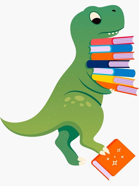 Dinosaur Reading A Book, Dinosaur Reading Shirt, Dinosaur Journal, Dino Illustration, Dino Stickers Printable, Dinosaur Books For Kindergarten, Dinosaur Reading, Library Mural, Reading School