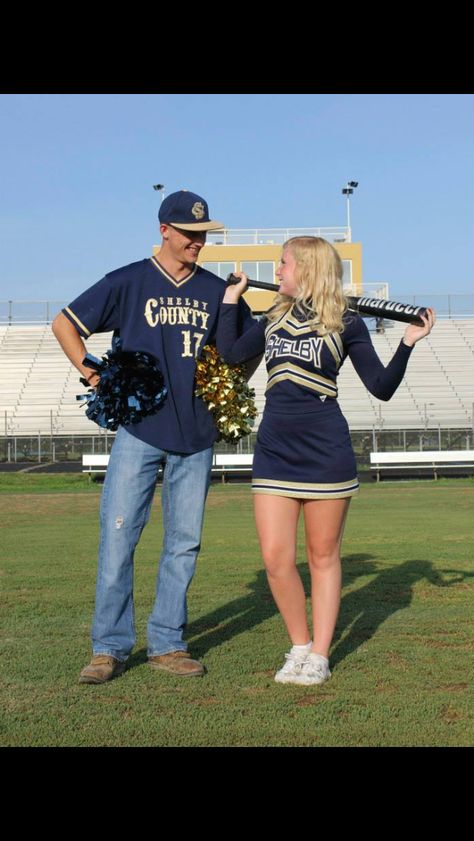 Cheerleading baseball senior pictures cute couple football field Baseball Cheerleader Couple, Baseball And Softball Couple Pictures, Baseball And Cheer Couple, Cheer And Baseball Couples, Band And Football Couples, Baseball And Cheerleader Couple, Football Couple Pictures, Cheer Couples, Cute Couples Football