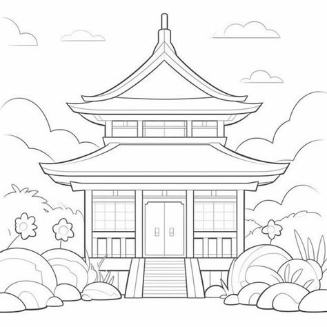 Japan Pagoda Drawing, Japanese Background Drawing, Japan Architecture Drawing, Japanese House Drawing Easy, Japan House Drawing, Japanese Drawings Easy, Japanese House Sketch, Chinese Building Drawing, Japan Drawing Easy