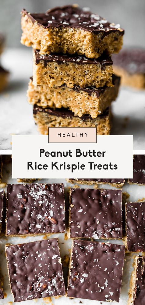 Healthy Rice Krispie Treats made with peanut butter, coconut oil, maple syrup and brown rice krispies. These vegan and gluten free treats are topped with dark chocolate and sea salt for an indulgent treat that tastes just like a crunchy peanut butter cup. Options to add a bit of protein powder to make these a great post workout treat! #ricekrispies #healthydessert #dessertrecipe #peanutbutter #ricekrispietreats #glutenfreerecipe #veganrecipe #vegandessert #glutenfreedessert Healthy Rice Krispie Treats, Peanut Butter Rice Krispie Treats, Peanut Butter Rice Krispies, Crunchy Peanut Butter, Healthy Rice, Gluten Free Peanut Butter, Butter Rice, Healthy Peanut Butter, Gluten Free Treats