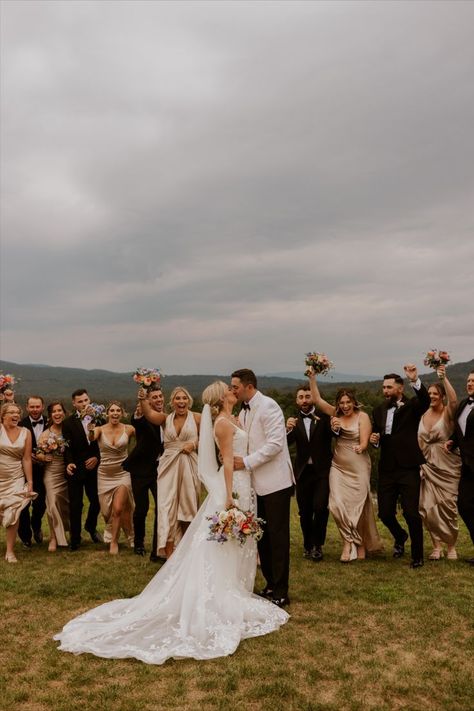 Fun bridesmaids and groomsmen group photos at Owl's Nest Resort in the White Mountains of New Hamsphire. Wedding Party Pics, Party Photo Inspiration, Bridal Parties Colors, Champagne Color Dress, Mountain Wedding Photos, Nh Wedding, New Hampshire Wedding, Bridal Party Attire, White Wedding Theme