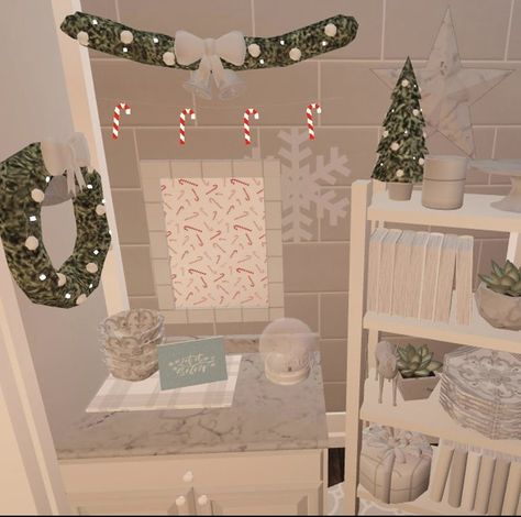 Christmas Bloxburg Kitchen Ideas, Christmas Bloxburg Decor, Christmas Bathroom Bloxburg, Bloxburg Christmas Bathroom Ideas, Bloxburg Winter Bedroom, Christmas Bloxburg Room Ideas, Bloxburg Bedroom Ideas Christmas, Christmas Decor Ideas Bloxburg, Christmas Bloxburg House Interior