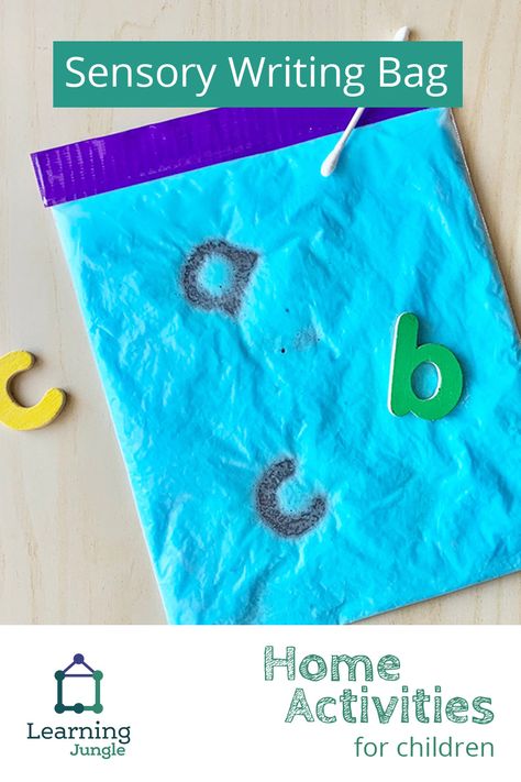 Sen-sational! Sensory writing bags are a great alternative to pen and paper. They can be used to assist early learners with scribbling, and making attempts at forming letters and numbers, and can be used many times over. #toddler #indoorfun #educationalactivities #homeactivities #learningjunglehome Writing Sensory Bags, Sensory Bag Letter Writing, Letter Sensory Bags, Sensory Letter Writing, Sen Phonics Activities, Sensory Spelling Activities, Sensory Writing Bags, Sensory Writing Activities, Letter A Sensory Bin