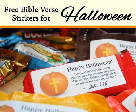 If you are a Christian and will be handing out candy this Halloween, here is an easy way to share the Gospel. Just print this freebie on standard mailing labels, and place them on your candy. In the midst of all the darkness of Halloween, this is an easy way to be a light in… Christian Halloween Candy Ideas, Christian Halloween Candy Tags, Halloween Gospel Tracts, Halloween Scripture, Christian Halloween Treats, Bible Verse Stickers, Halloween Alternatives, Church Halloween, Christian Ideas