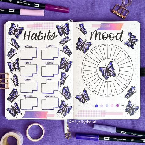 Purple Mood Tracker, Butterfly Bullet Journal, Bullet Journal Design Ideas, Bullet Journal Themes, Journal Themes, Bullet Journal Spread, Mood Tracker, Journal Design, Purple Butterfly