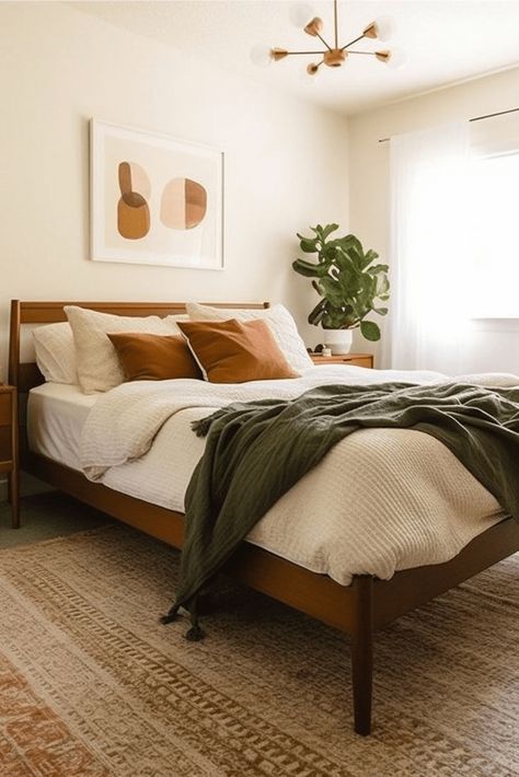 17 Most Creative Guest Bedroom Ideas to Impress Guests - By Kimberly Faye Rust And Sage Bed, White Bedding With Orange Accents, Tan And Red Bedroom, Bedroom Ideas Brown Furniture Dark Wood, Boho Modern Bedding, Sunset Boho Bedroom, Terracota Bedding Room, Earthy Mid Century Modern Bedroom, Rust Orange And Green Bedroom