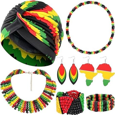 Amazon.com: Bonuci 7 Pcs Juneteenth Jamaica African Jewelry Set Rasta Jewelry Accessories Set Include Rasta Headband, Wooden Earrings, Multicolor Beaded Jamaican Bracelet Necklace for Women: Clothing, Shoes & Jewelry African Accessories, African Earrings, African Necklace, Stretch Headband, Accessories Set, African Jewelry, Wooden Earrings, Beaded Jewelry Diy, Bracelet Necklace