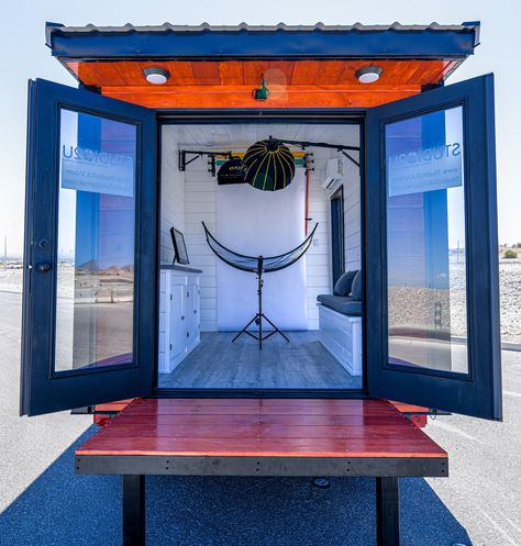 Mobile photography studio by Far Out Tiny Homes Tiny House Photography Studio, Portable Photography Studio, Tiny Studio Photography, Tiny Home Photography Studio, Mobile Photography Studio Trailer, Mobile Photo Studio, Tiny Photography Studio, Trailer Porch Ideas, Photography Studio Setup Small Spaces