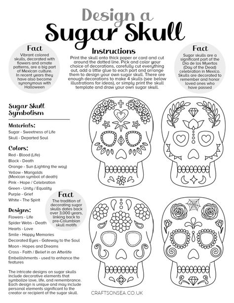 Sugar Skull Printable (FREE Cut and Paste Craft) - Crafts on Sea Sugar Skull Design Pattern, Sugar Skull Stencil, Skull Printable, Sugar Skull Crafts, Simple Skull, Skull Stencil, Skull Crafts, Colored Sugar, Sugar Skull Design