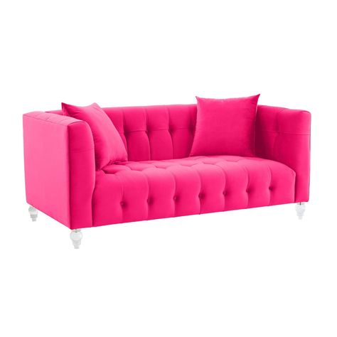 Our Bea Loveseat is a true beauty. This rich velvet upholstered piece is designed with a deep seat, luxe tufting, and Lucite legs. Bea adds style and color to any room. This vibrant piece comes in sofa size and multiple color options. Handmade by skilled furniture craftsmen Comfortable velvet upholstery with a tufted seat and back Attached high density foam cushion Kiln-dried pine frame with sinuous springs support Low and deep seated sofa with shapely lucite legs Available in multiple color opt Hot Pink Couch, Deep Seated Sofa, Tufted Loveseat, Pink Bar, Pink Furniture, Tov Furniture, Velvet Loveseat, Sofa Size, Types Of Sofas