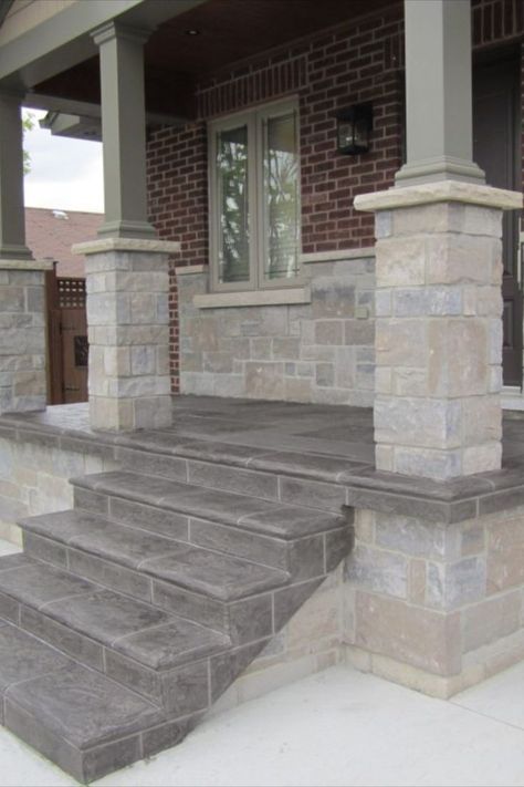 Jewel Stone Steps Repair Concrete Front Porch Ideas Entrance Stone Steps, Diy Stone Steps Front Door, Limestone Front Steps, Decorative Concrete Steps, Natural Stone Steps Front Door, Stone Porch, Bluestone Stairs Front Steps, Patio Repair, Stone Porches