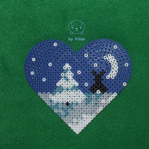 Heart-shaped winter view Hama bead ornament by VilDeviant Hama Beads Christmas, Christmas Perler Beads, Hama Mini, Winter View, Melty Bead Patterns, Pearl Beads Pattern, 8bit Art, Hama Beads Design, Hama Bead