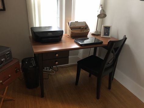 IKEA Arkelstorp desk hack... stained top and copper pulls Arkelstorp Desk, Desk Hacks, Bedroom Vibes, Desk Setups, Study Area, Home Office Storage, Study Areas, Diy Desk, Office Storage