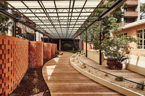 This Visionary Architect is Turning Unexpected Places Into Destination Hotels | The Alcalde Carpenter Hotel, Austin Hotels, Half Walls, Desert Decor, Destin Hotels, Tile Companies, Austin Design, Brick Building, Exposed Brick