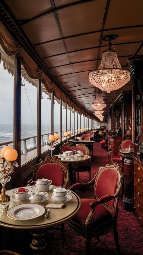 Step into a lavish tea room aboard a Victorian steamship with panoramic ocean views. Enjoy rich mahogany furniture, crystal chandeliers, and fine china in a sophisticated and elegant setting. #VictorianTeaRoom #OceanElegance #LavishDining #AntiqueCharm #SophisticatedAmbiance Tea Room Interior, Russian Tea Room, English Tea Room, Victorian Tea Room, Vintage Tea Rooms, Tea Boutique, Tea Room Decor, Cafe Royal, Lift Lobby