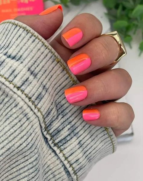 Retiring for Summer 9/7! Snag now! This nail dash is amazing! Half pink and half orange and 100% gorgeous! This mani would cost a fortune at the salon! This dash is $16 and takes less than 15 minutes to apply! In know, RIGHT?? Click on the link and check her out! And please Follow Me for more stunning manis! Nail Design Half And Half, Half Colour Nails, Half And Half Nail Color, Beach Nails Orange And Pink, Orange Pink Nail Art, Nails Half And Half Color, Half And Half Nails Designs, Pink And Orange Gel Nails, Half Half Nails