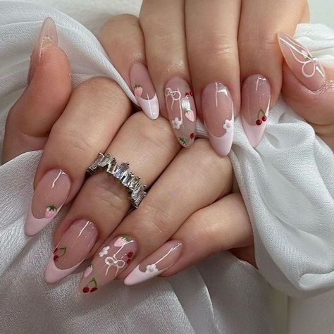 Cherry Nails, Summery Nails, Girly Acrylic Nails, Pretty Gel Nails, Really Cute Nails, Soft Nails, Pink Acrylic Nails, Classy Nails, Funky Nails