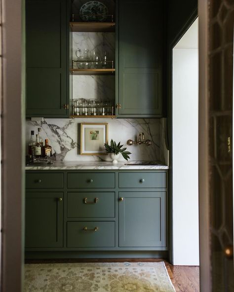 Dark Sage Green Kitchen, The Misfit House, Misfit House, Moody Kitchen, Dark Green Kitchen, Dark Sage Green, Sage Green Kitchen, Green Kitchen Cabinets, Butlers Pantry