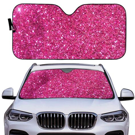 "Cute Pink Windshield Cover Sunshade - Custom Car Sun Shade for Women -  Gift for Girly Car Lovers! Perfect New car Gift. Faux Glitter - Barbie inspired. Do you love decorating your car? Then this custom sunshade is an absolute must have! * High-quality double-insulated laminate material shades *Protection against UV rays and sun damage while reducing interior heat * Fold for easy storage and carry , and easy clean material * Fits to most of cars, trucks and SUV cars, and easy install Measurements -  Length -145 cm / 56 \" Width - 70 cm / 27.5\" See my other listings for more cute car accessories for everyone." Cute Pink Car, Pink Car Decor, Pink Truck Accessories, Glitter Barbie, Pink Car Seat Covers, Princess Car, Jeep Interiors, Glitter Car, New Car Gift